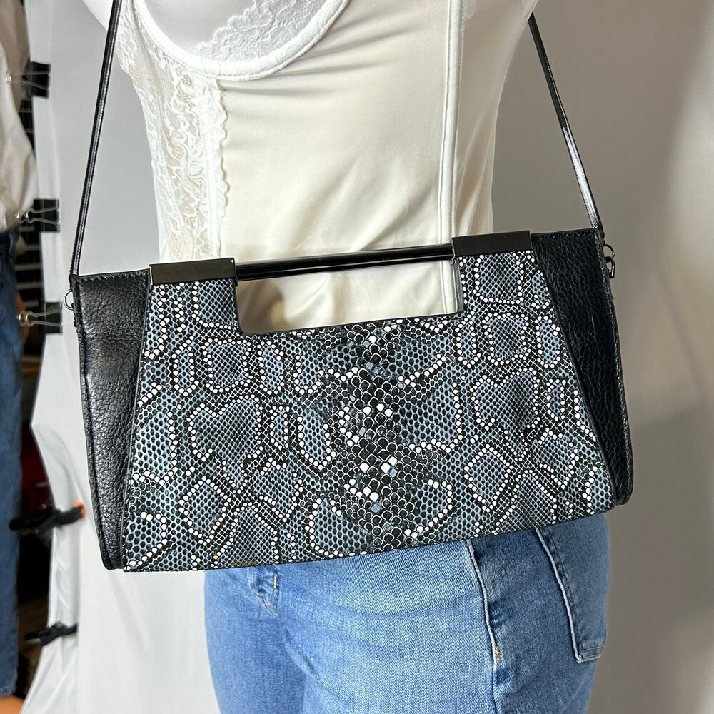 Halston Heritage Snake Print Clutch Shoulder Bag Black Gray Cutout Handle Purse